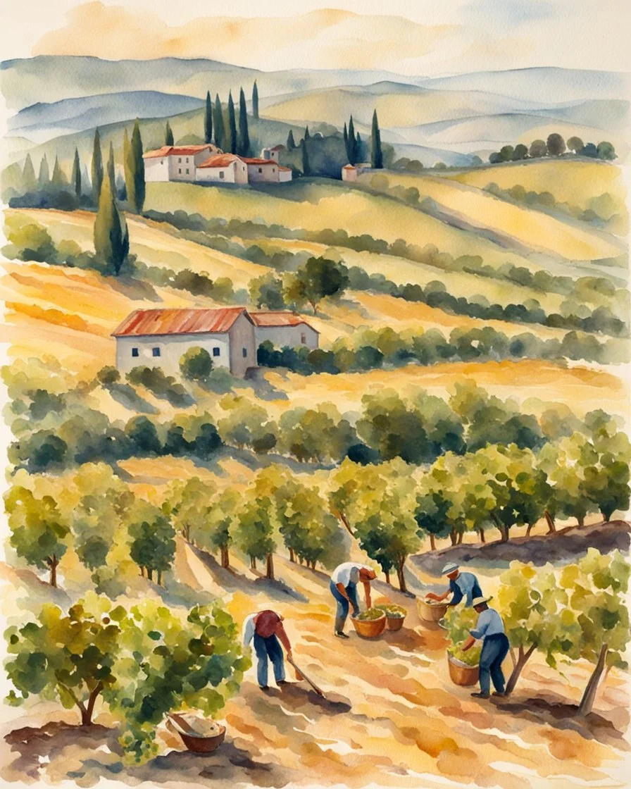 A sunlit vineyard with workers harvesting grapes against a backdrop of rolling hills. Watercolor, Post-Impressionism. Created in the style of Isabella Marconi.