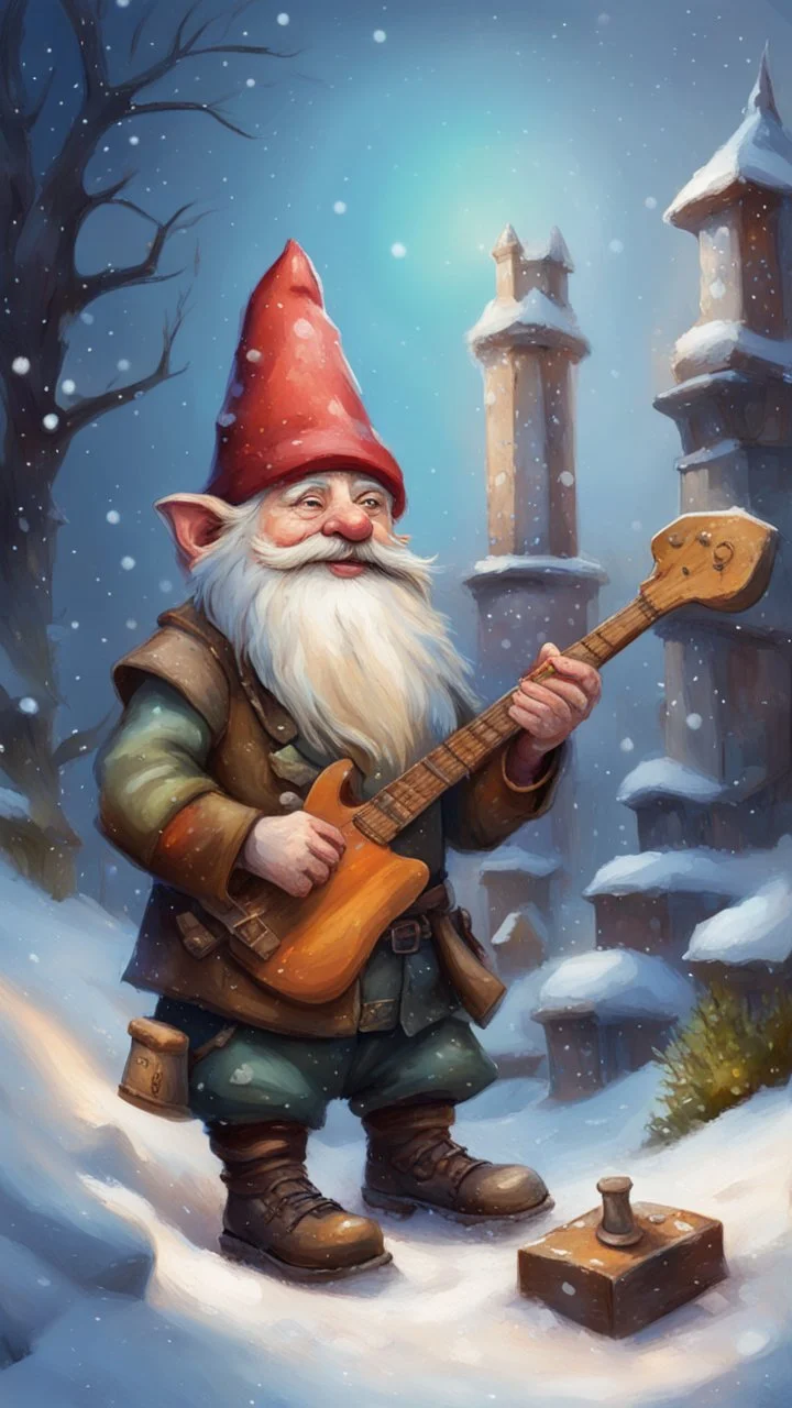 postcard portrait of bard gnome with old boots, hammer and lute in the snow garden holding a tower fortification, magazine cover illustration with oil paint and spray paint, signed, bokeh like, down-light, unreal engine, prize winning