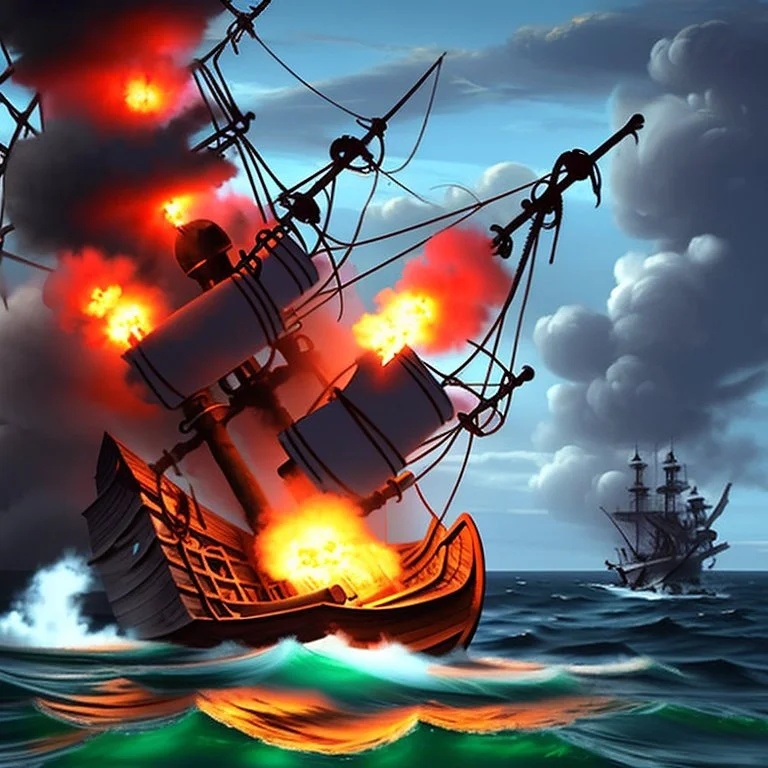 Two pirate ships fight each other at sea. Firing cannons. One ship is hit and burns after being hit.