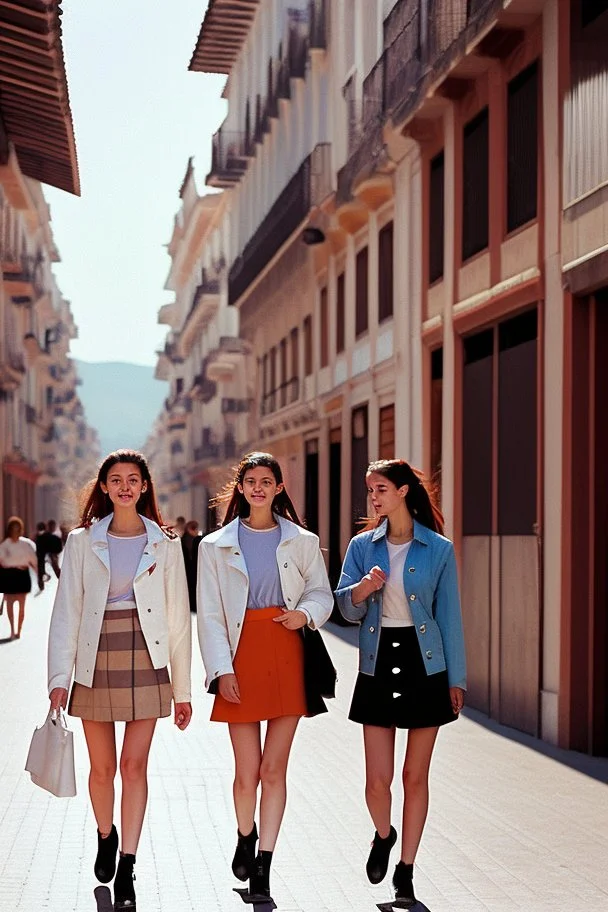 mujeres caminando por una céntrica calle de una ciudad española, visten ropa de segunda mano, cazadoras y minifaldas, es la moda y es tendencia, fotografía real, de cara a la cámara