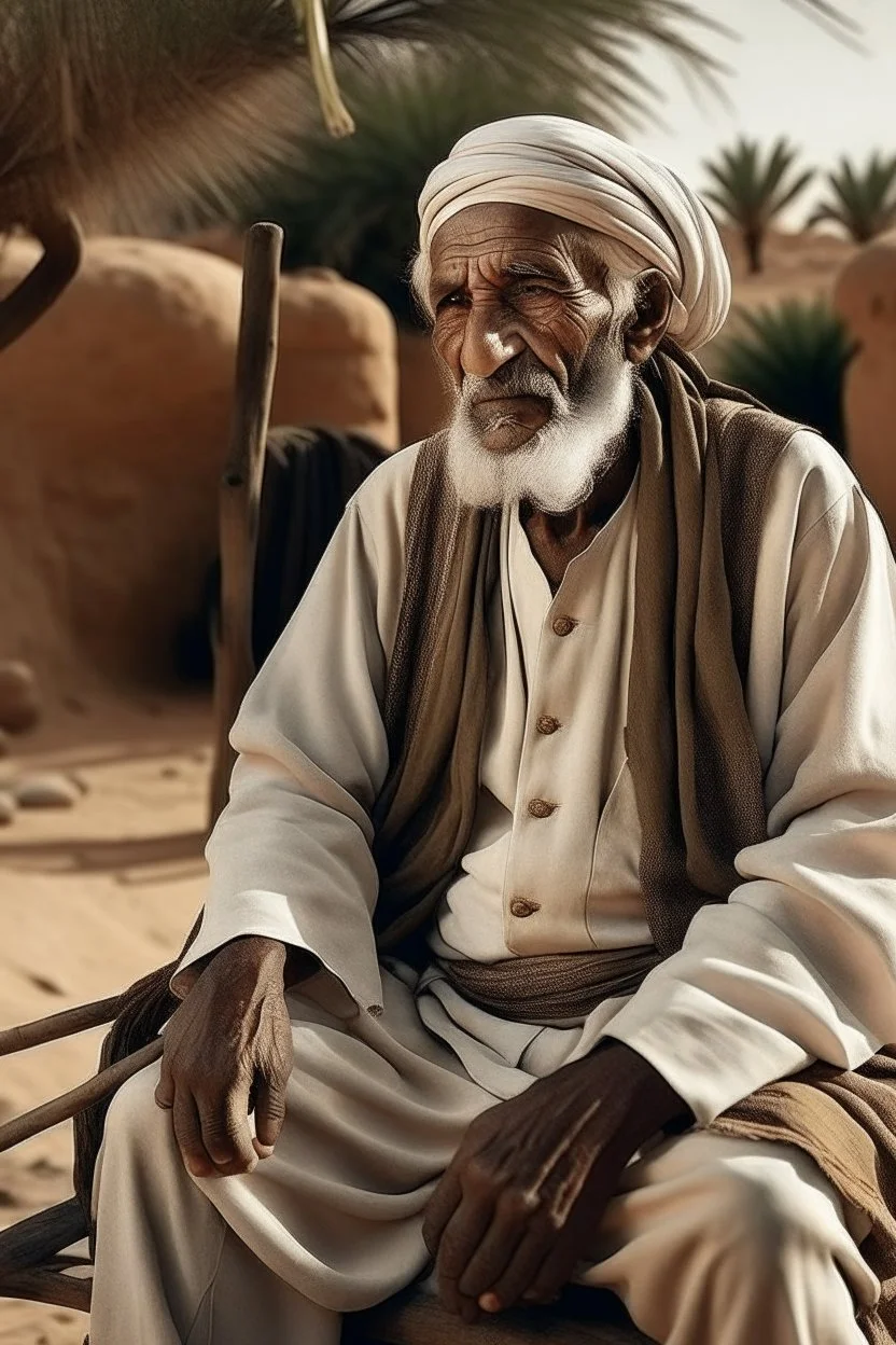 Old man, Arab, turban, white clothes, cattle, desert, council, sun, palm trees, mud houses, holding a stick, looking forward, a very slight smile.,Sitting on a chair,long beard