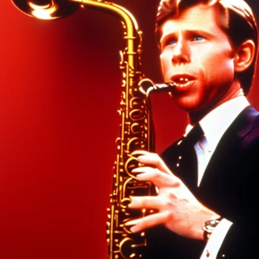 Closed REd-haired Ron howard Is richie from happy days playing his saxophone with his "closed-eyed", rock band, embouchure, joanie cunningham