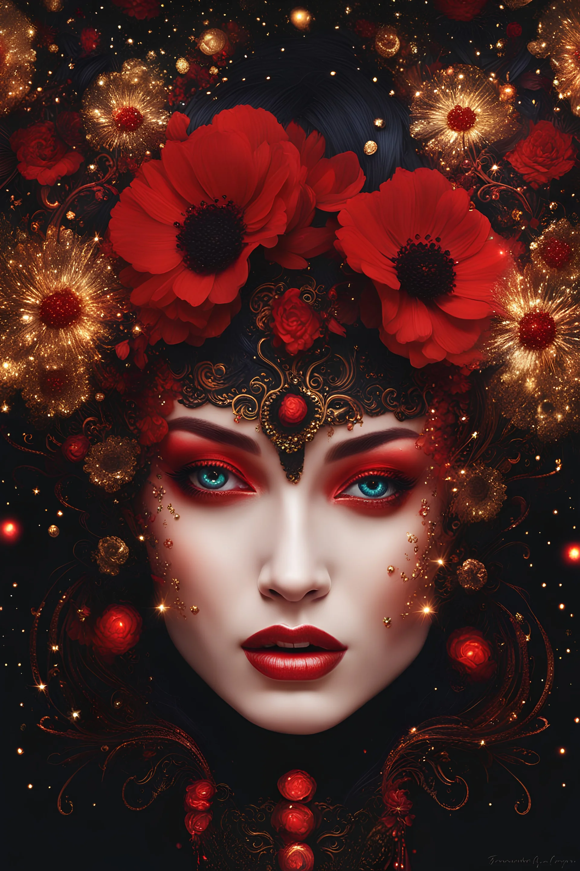 black and red and gold theme, close-up bioluminescent sparkling crimson red very different face of a woman surrounded by gold sparkles and black flowers, crimson red painted face, expressive and mysterious, a galaxy in her eyes, eyes pointed upwards, in a mysterious dark landscape, detailed matte painting, fantastical, intricate detail, splash screen, colorful, fantasy concept art, 8k resolution, Unreal Engine 5, centered, high contrast sharp focus, black and red theme, glossed and polished