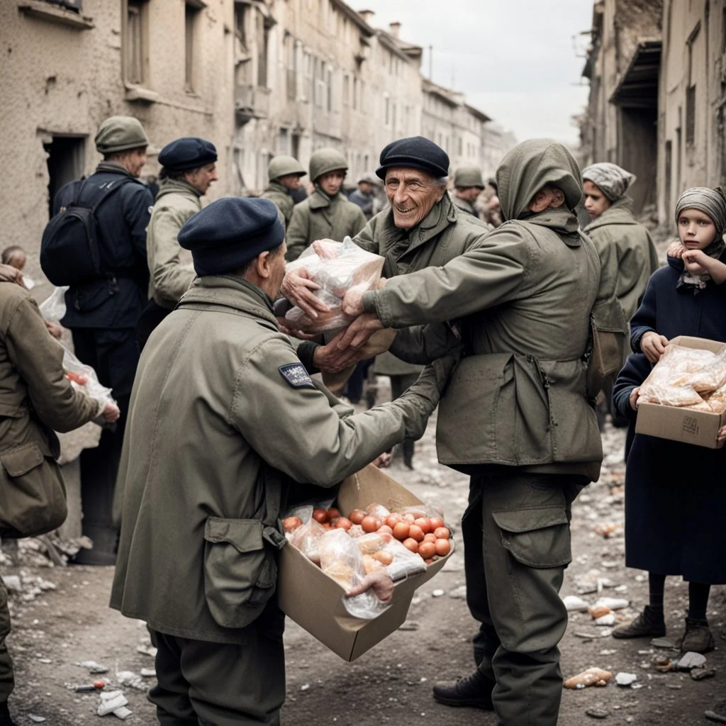 handing out food in war torn Europe from military to starving children