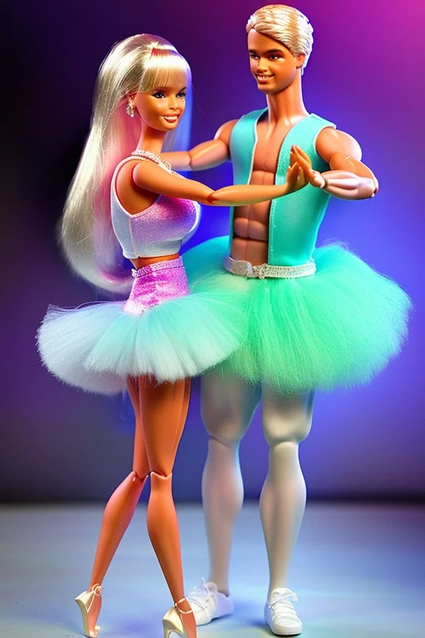 hyper-realistic barbie and ken dancing in nightclub