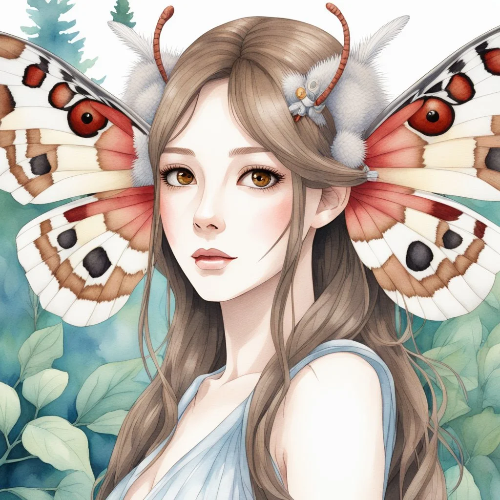 A close-up headshot of a woman with long brown hair, red eyes, fuzzy moth antennae, and Japanese Silk Moth moth wings on her back, watercolor, intricately detailed, high definition, 4k, anime, forest background