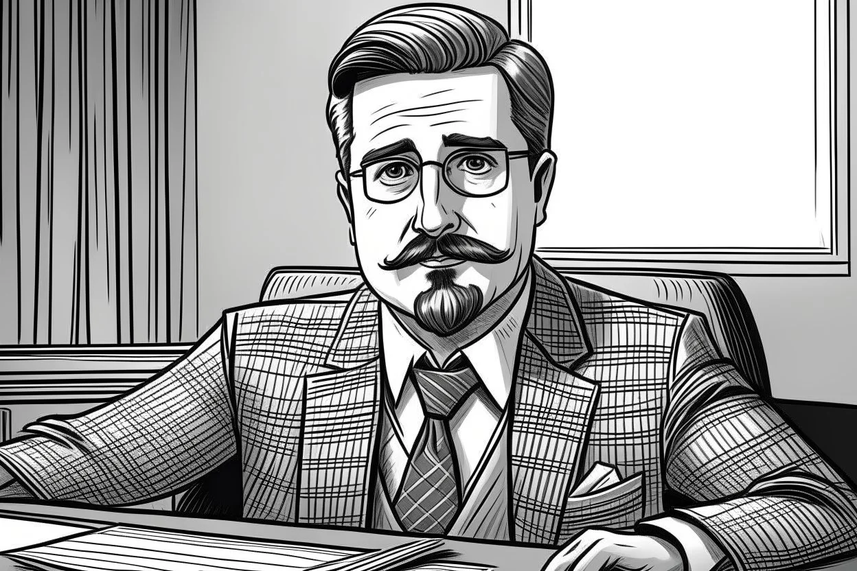 Man sitting at desk, portrait, speech, nametag, glasses, goatee, mustache, suit; comic style, caricature, sketch art; black and white; grayscale, pencil drawing