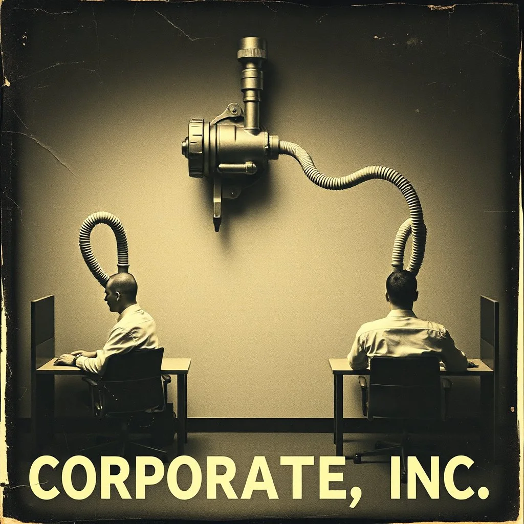 a grainy vintage photograph with creases and over-exposure spots, intellectual property, text "CORPORATE, INC", surreal, biomechanical sausage tubes running from a strange grinder in the wall twisting to attach into the front and out the back of worker's heads sitting rigidly in office desks, minimalism, profound, hi res, sharp focus