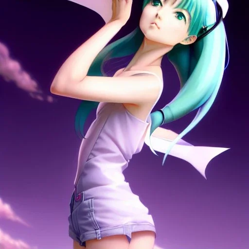 Anime art of beautiful Hatsune miku with beautifel legs by artgerm, ross tran, magali villeneuve, Greg Rutkowski, Gil Elvgren, Alberto Vargas, Earl Moran,, Art Frahm, Enoch Bolles