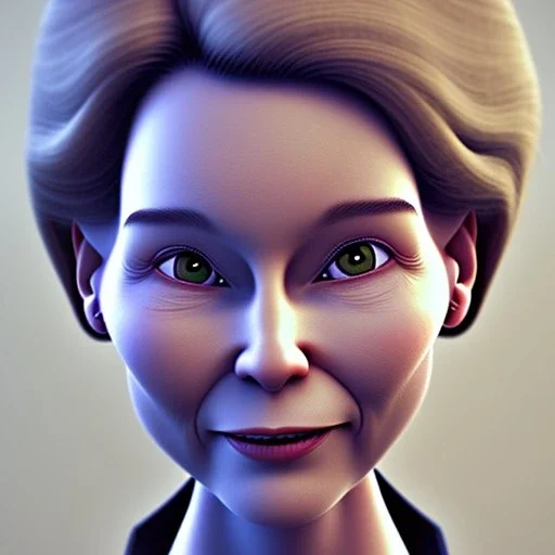 Ursula von der Leyen, adorable Pixar Studio animation style, cute big circular reflective eyes, unreal engine cinematic smooth, intricate detail, portrait of a politician, caricature funny, exagerrated facial expression