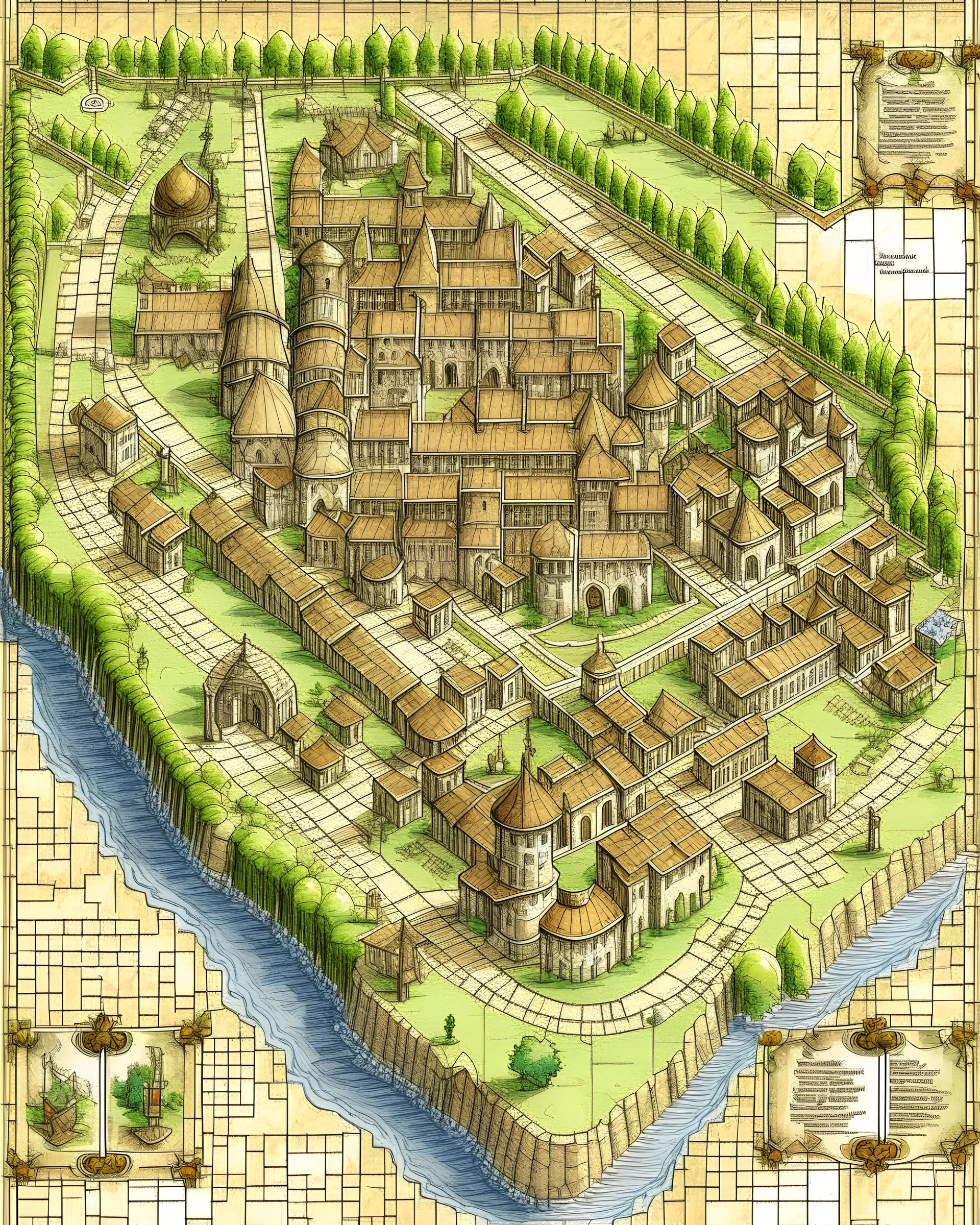 A map of a medieval city, castles, battle map, town square, gates