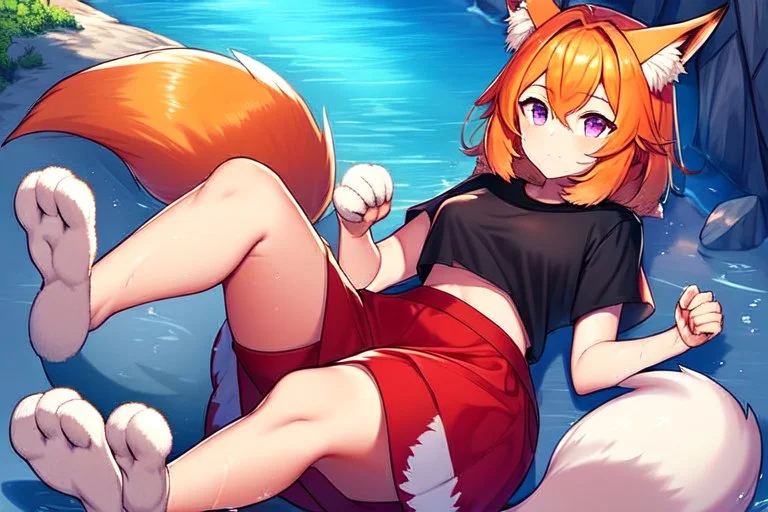 Girl, fox ears, one big fox tail, orange hair, red skirt, river, fox foot ,lies on the shore, purple fox eyes, black T-shirt, wet, happy, fox paws foot, fox legs, fur legs