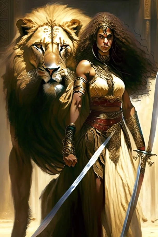 An Arab warrior, a full-body female, whose hair is not visible from the dress, holding a sword, standing next to a powerful lion