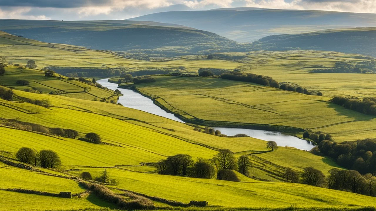 View across the valley in the Yorkshire Dales with beautiful clouds, late afternoon sunshine, stone walls enclosing the fields, gentle hills and valleys, river, calm, peaceful, tranquil, beautiful composition