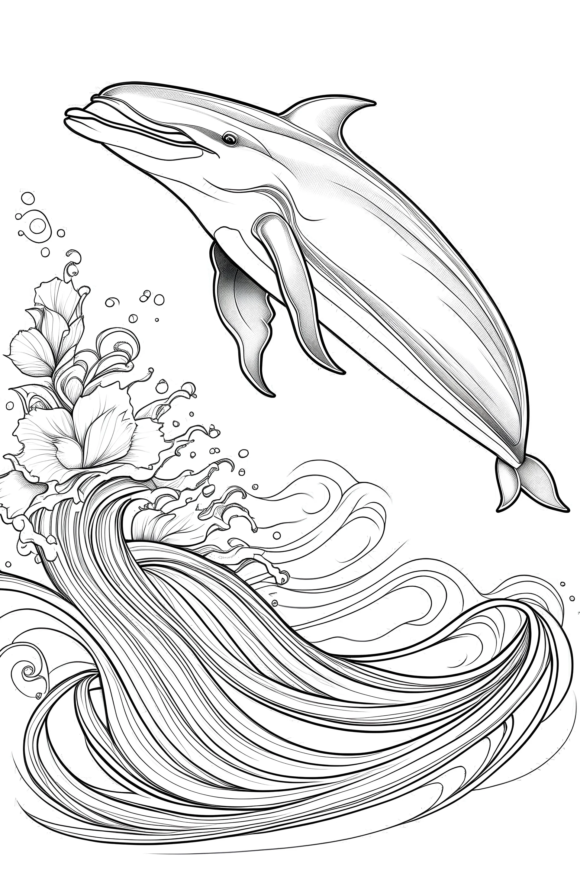 outline art with pencil sketch art for { A playful dolphin leaping out of the ocean, its sleek body catching the sunlight against azure waves }with floral background pencil sketch style,full body only use outline with black and white outline and make a floral backgound with black and white background