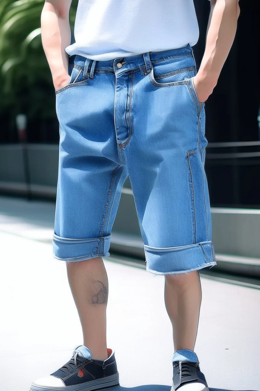 Man's wide leg light blue jeans long shorts