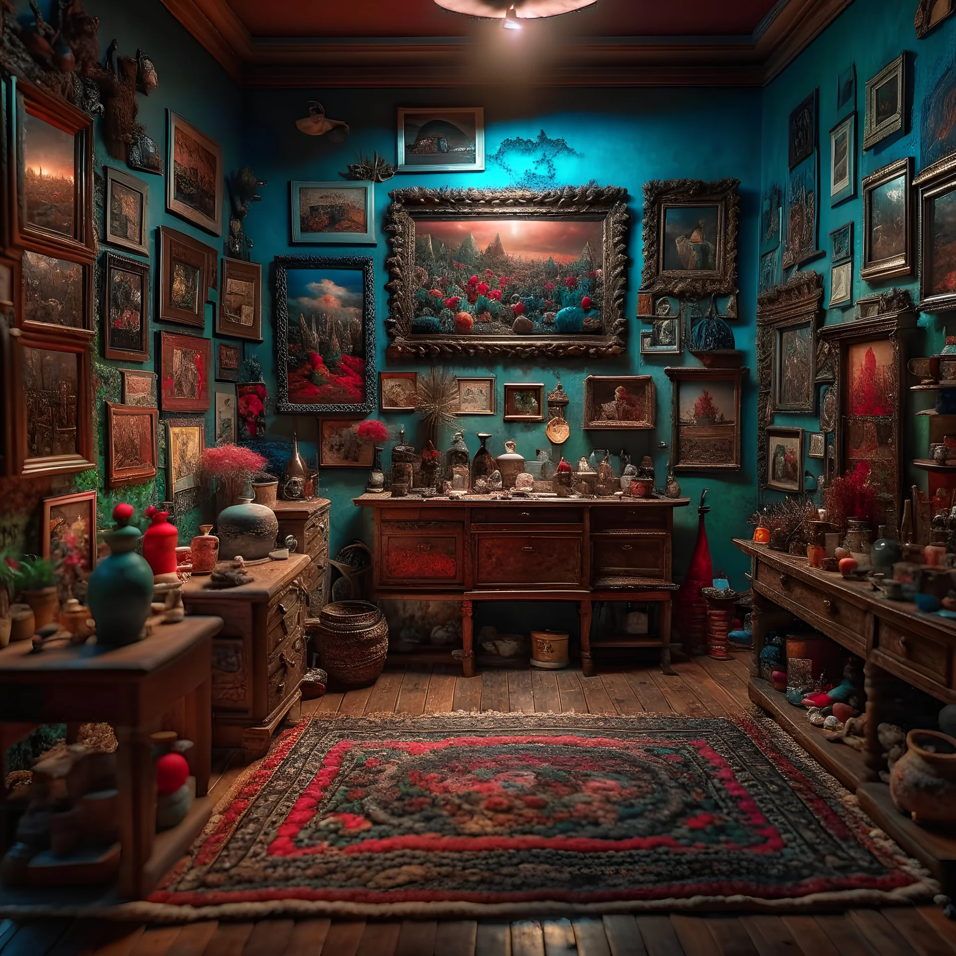 Diorama of old stuff in a room, sharp focus, 8k, 3d, very detailed, volumetric light, grim, fine art, very colorful, ornate, creepy paintings on the wall, 35mm, F/2.8, insanely detailed and intricate, hypermaximalist, super detailed, decadent