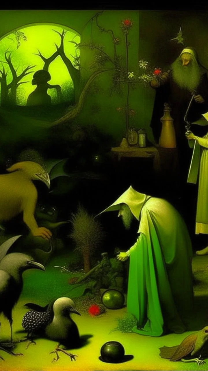 some mysterious figures, odd background, cinematic, Hieronymus Bosch, Max Ernst, vegetal life, rotten, ambient light, cry, ritual, surreal, animals