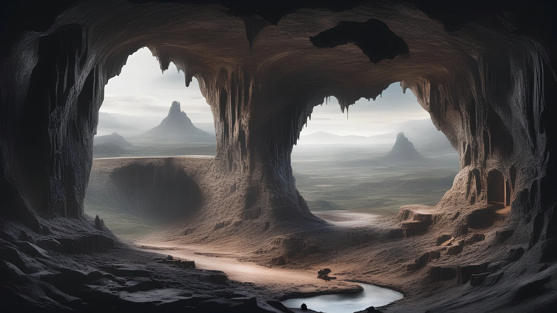 Hyper realistic, 16, ultra detailed, Cross section, dark cave in the background and another landscape inside the cross section that is not a cave