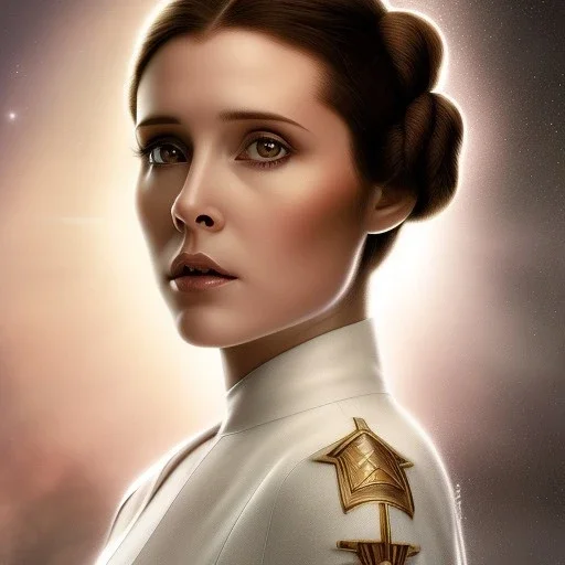 stunning half-body portrait photo of princess leia from Star Wars, hazel iris, wlop, artgerm, akihiko yoshida, and liang xing, detailed face, doe eyes, intricate braided hair style, symmetrical eyes, trending on artstation, highly detailed, white dress, dynamic pose, intricate outfit, space ship and galaxy background