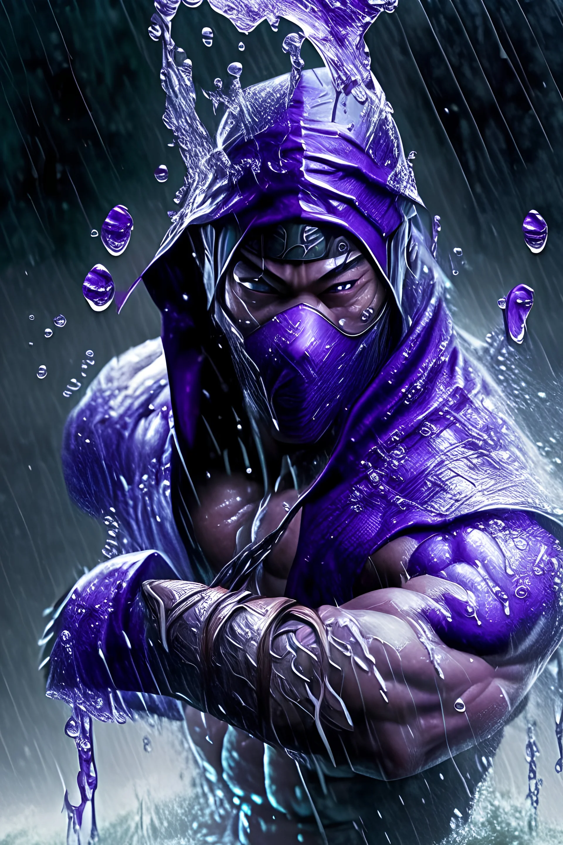 10k hyper realistic detailed Rain the masked Edenian prince purple ninja water demi god using his water bending powers (mortal Kombat) in forrest