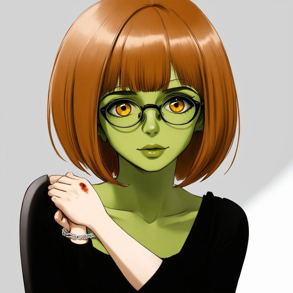 Oota has olive green skin and amber eyes. She's wearing oval glasses. Her copper hair is in an asymmetric cut. She has a melancholic look on her face. Her forehead is flat and her eyebrows are bushy. She's wearing a beautiful anklet made of platinum. Her clothes look really formal. There's a small birthmark on her left arm.