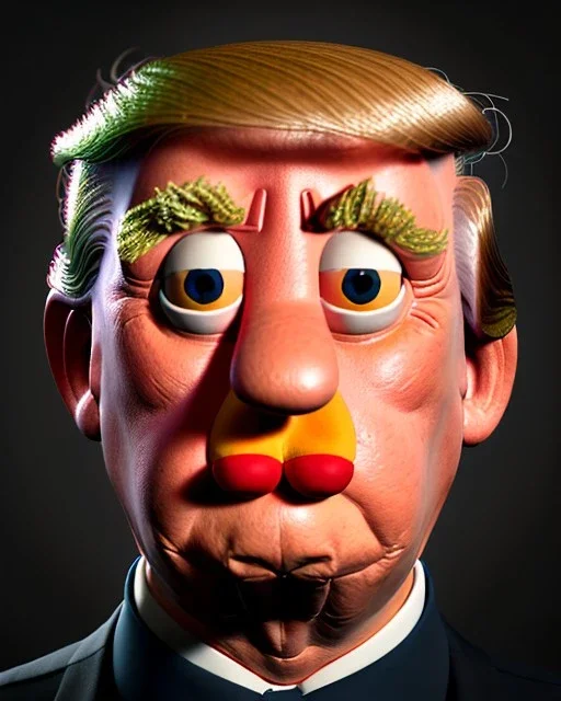 Waist up Portrait, Donald trump muppet, Sesame Street style, retro style, photo studio, unreal engine 5, god lights, ray tracing, RTX, lumen lighting, ultra detail, volumetric lighting, 3d.