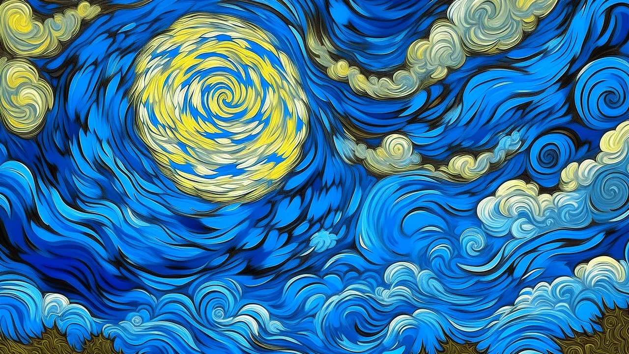A light palish blue windy sky with clouds designed in Mehndi design painted by Vincent van Gogh