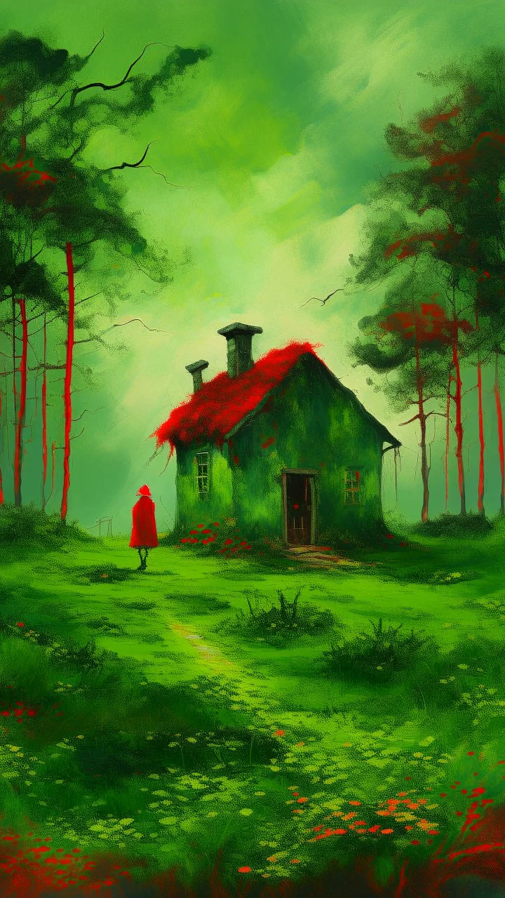 Painterly. Abstract. A cottage with a moss covered roof in a clearing. A willowy androgynous human figure stands clothed in red silk raiments. Anomalous red cloud issuing forth from the heart. Simple yet majestic