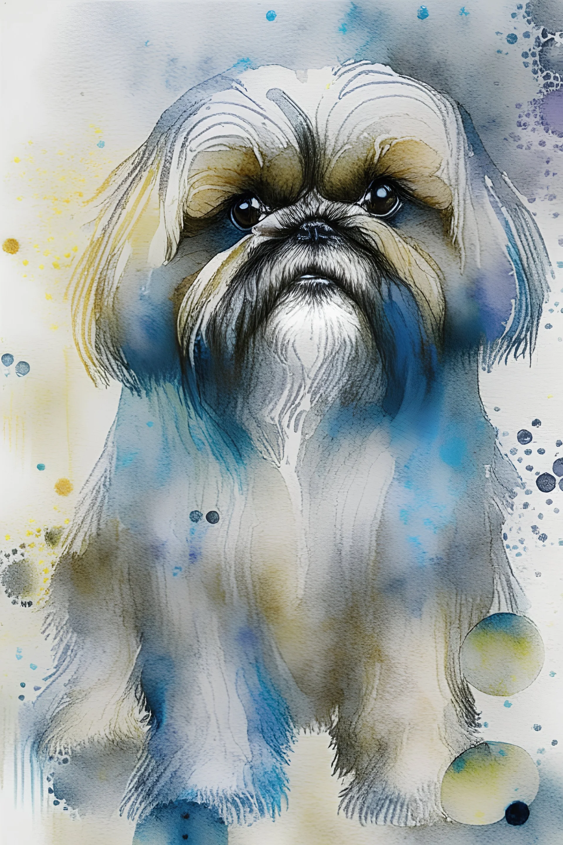 Abstract wet watercolour of a Shih tzu ink lines, interlinked circles,detailed focus on eyes