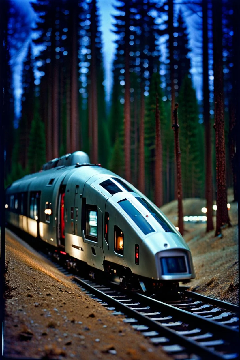 Subject( A centipede bug train robot cyberpunk futurism), Location(A forest with a futuristic train station, Forest, Alberta, night, Feb, 1994), Frame(wide shot of passenger facesinterior train), Cam( Nikon, R3, anirmorphic lens, extreme bokeh blur, analog film grain,fuji film, color fading, film scratches, mold, vinegar syndrome, dirt, dust, emulsion damage, water damage, film tears, Cinemascope mumps, gate hair)