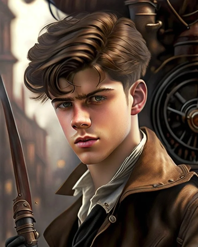 young noble swordman short brown hair photorealistic dieselpunk