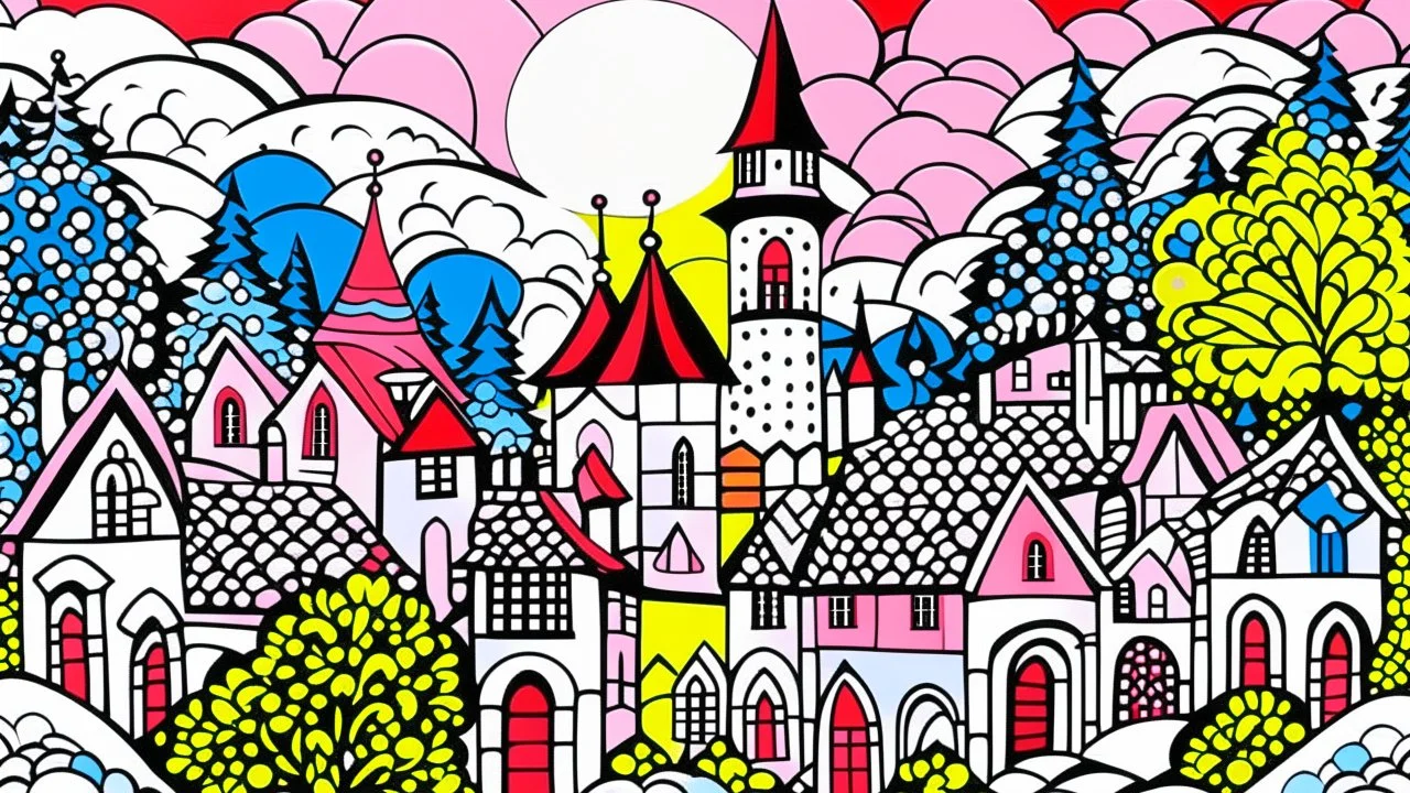 A pink village with a castle in the sunlight designed in German folk art painted by Roy Lichtenstein