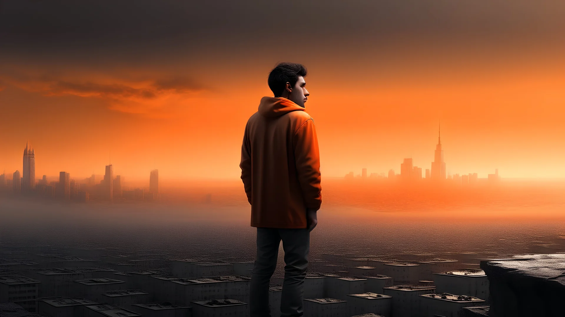 a young man standing looking from afar towards the high wall, face,high detail, smooth render, city scenery, many peple, down-light, orange dark winter, ar 16:9