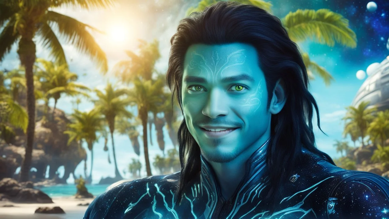 beautiful gorgeous young man na'vi with long hair, Avatar, blue skin, two small ears, green eyes, black hair, in cosmic suit, galactic ambiance, medium pointy goatee , smiling, with spaceship and planets and palm trees and clear crystaline cosmic beach in background