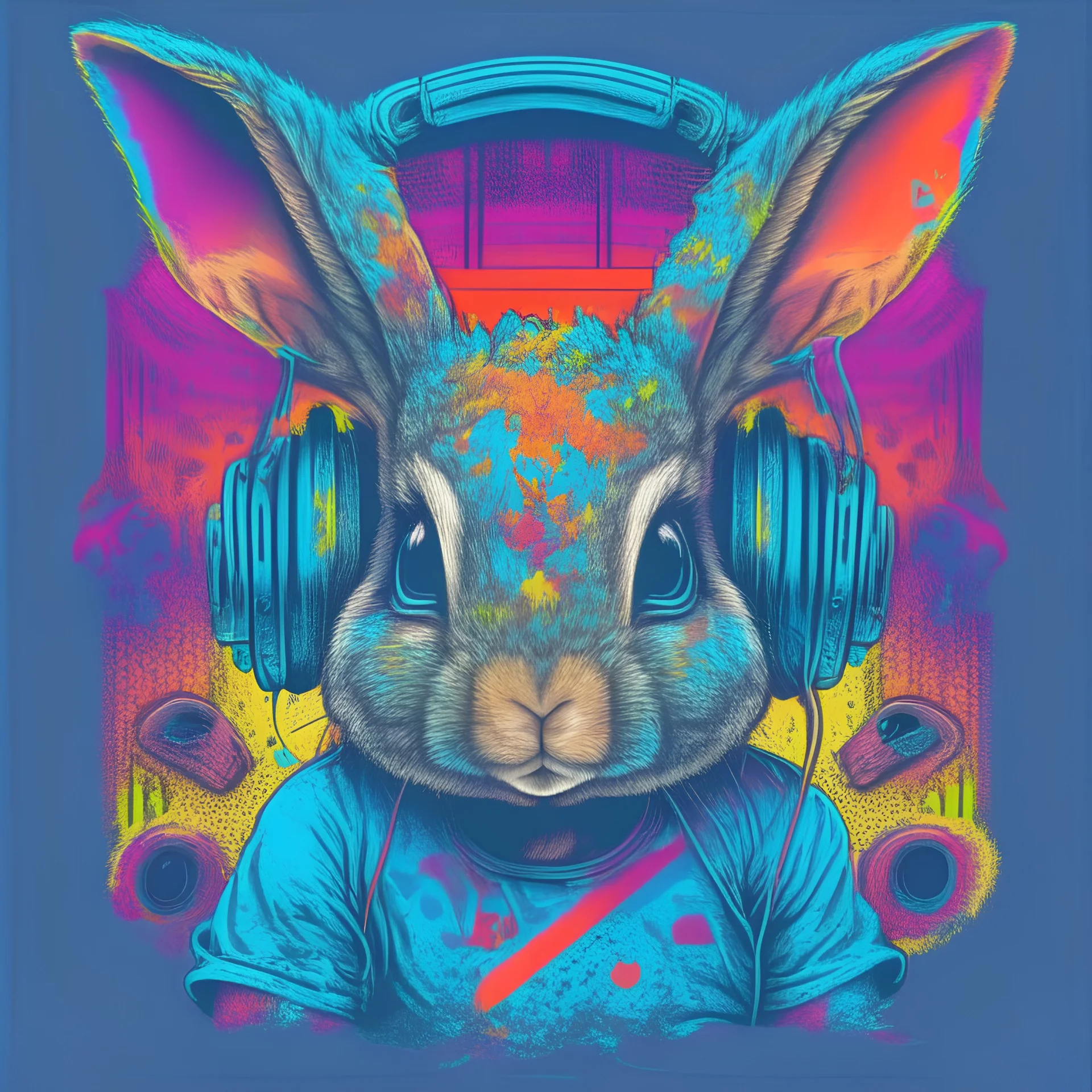 centered, isometric, vector t-shirt art ready to print highly detailed colourful graffiti illustration of baby bunny, wearing headphones, face is highly detailed, vibrant color, high detail