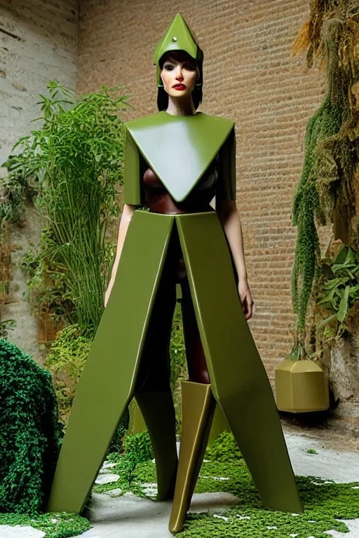 Biopunk woman. Machine, Creamy fake skin, old-camera-eyes, Abandoned hall. 3D-tiling on the adaptive background. Polyhedron objects floating. Recycled plastic structures. Plants farming. Lay figure broken. Leather, wool, steel, metal, tabs Haute Couture 1990's. Light from right. Colors: Bronze, steel,army green, terracotta, brown and black. Old big television. AKG-style headphones, golden rings & disc. Logo. Thick tights. Thick calves. Curved fell. Wide hip. Dead city reflections