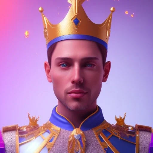 A portrait of a crystalised blue pink king, gold, sunny background, atmospheric, realistic, unreal engine, 8k. Cinematic lighting, octane render.