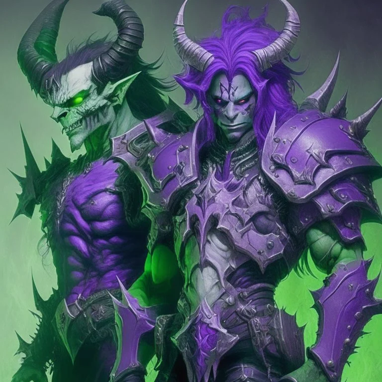 Demonio con armadura verde y negro posando con un demonio de armadura morada y verde con cabellos blancos y abundantes