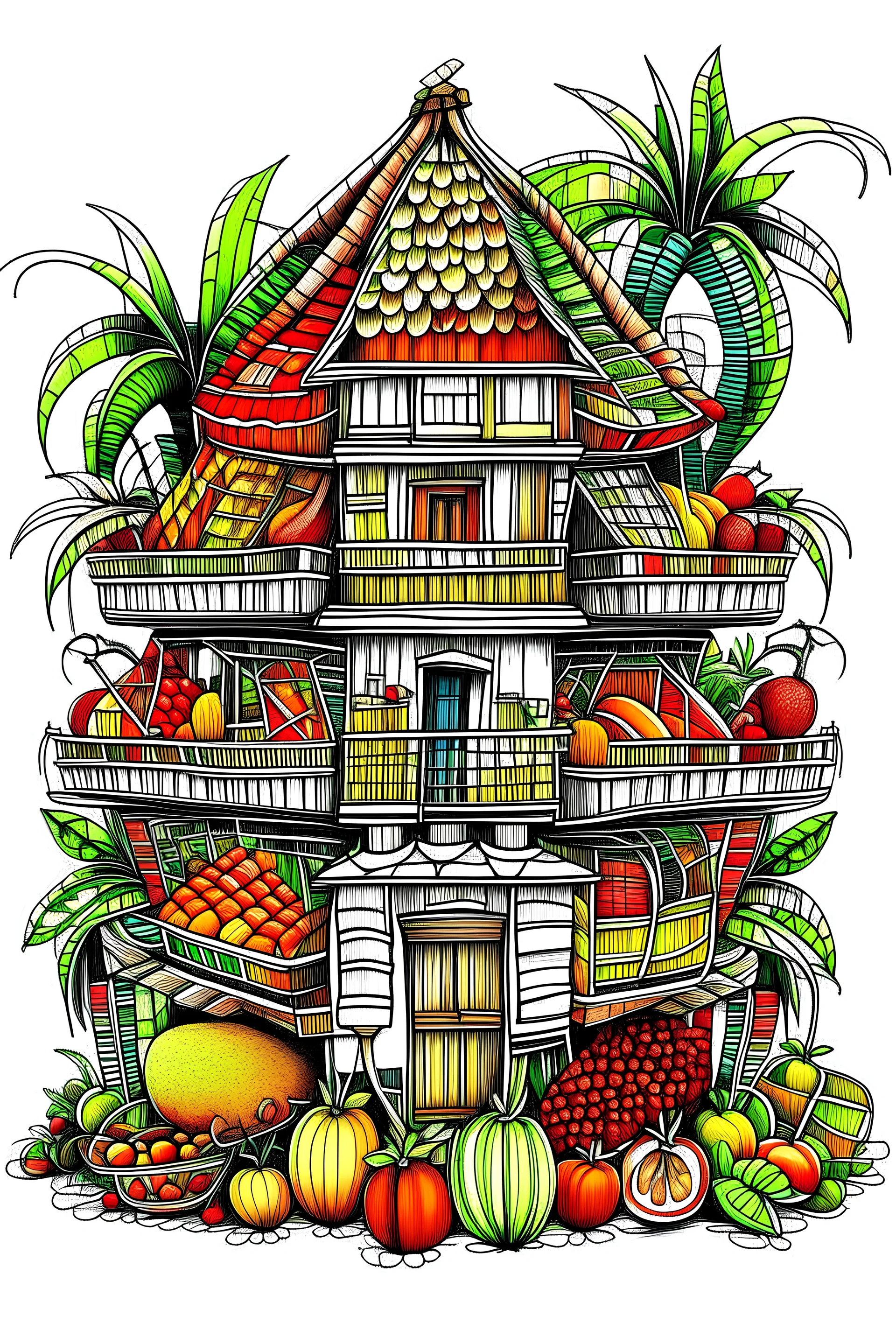 a black outline art, a house made from woven fruit baskets, with each room featuring a different type of magical fruit, angle full view, no cut parts, clear line art, white background, no shadows, no tones color, no detailed artwork, clear and well outlined.