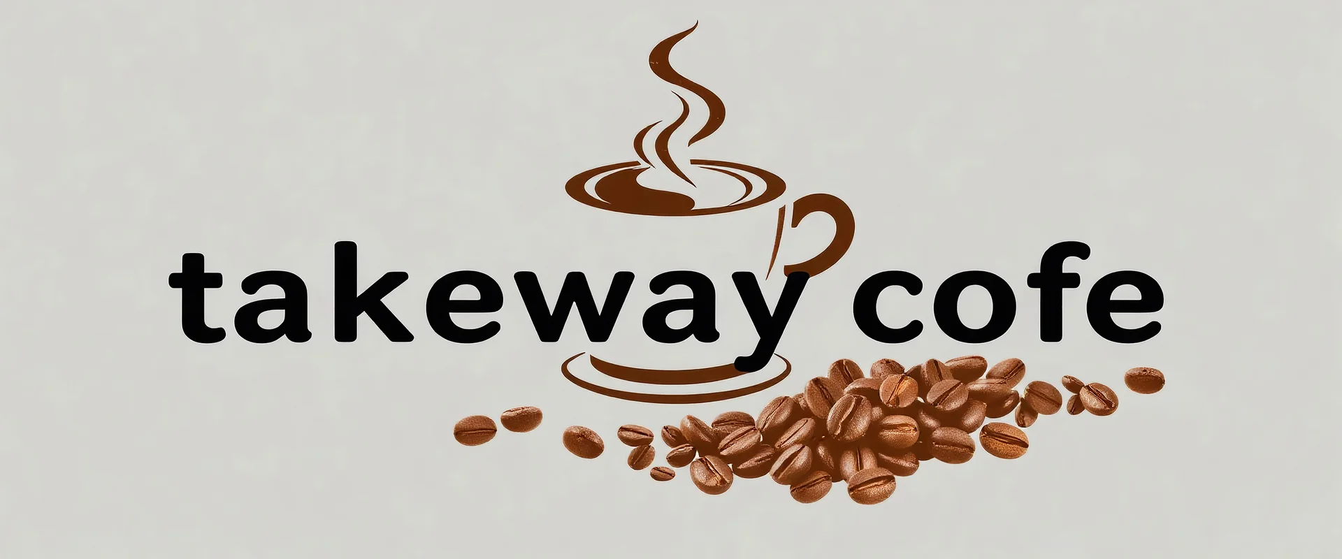 A horizontal design with the text (takeway cofe) In the middle, there is a faded design of a coffee cup and coffee beans with a gray background