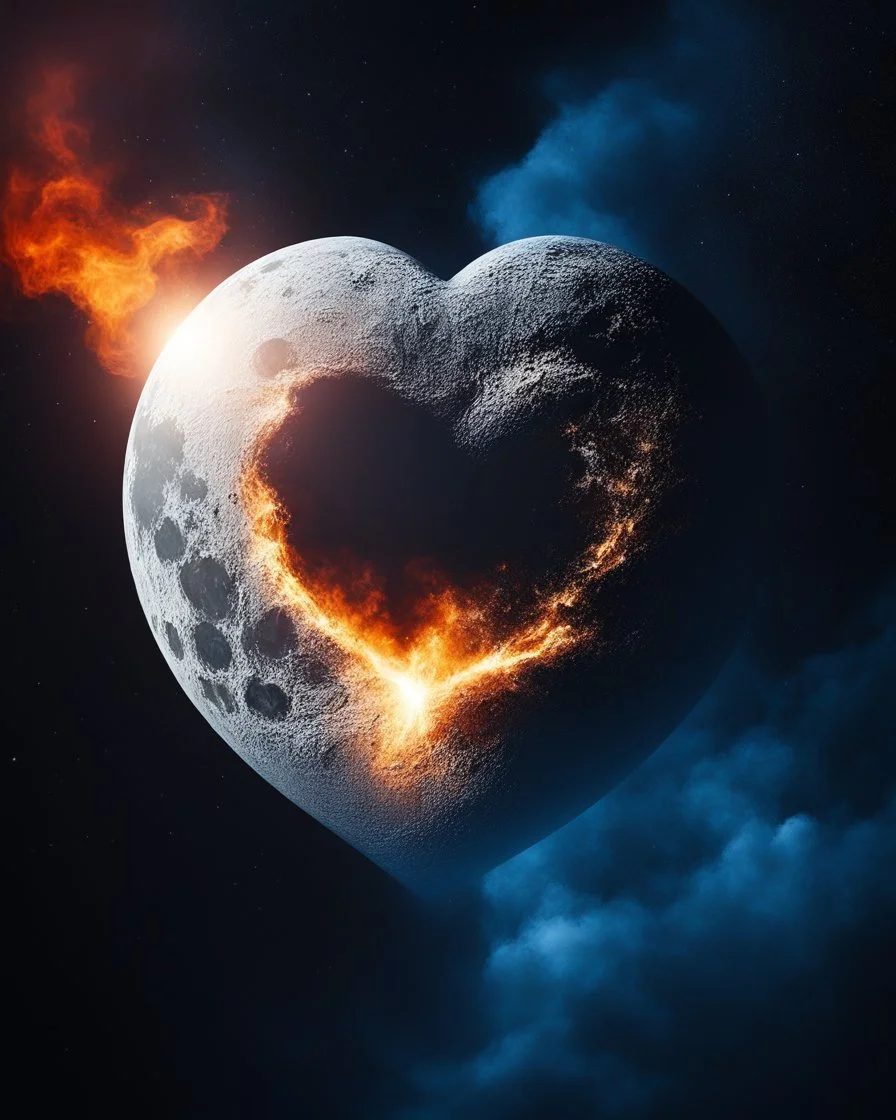 Moon in shape of realisitic heart, biological heart, cinematic, {abstract}, depression, space background, atmospheric, fire, DLSR, soft focus, dispersion