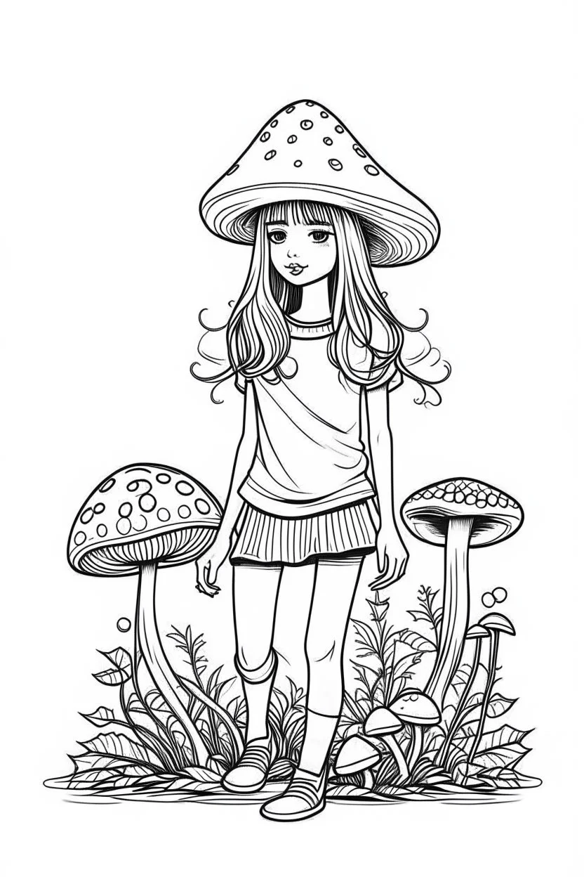 mushroom girl idea, line art, background, vector, svg, black outline on white background, leave plenty of white space beetween lines for coloring, tattoo style, tattoo idea,full body, minimalist