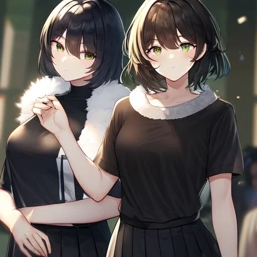 Clear focus, High resolution, fluffy black short hair, dark green eyes, wearing a black t-shirt and pleated black skirt, fluffy hair, detailed outfit