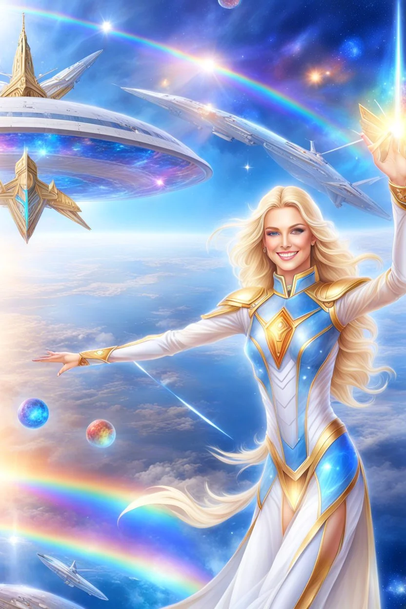 cosmic woman angels smile,admiral high commander from the future, one fine whole face, crystalline skin, expressive blue eyes,rainbow, smiling lips, very nice smile, costume rainbow pleiadian, Beautiful tall woman pleiadian Galactic commander, ship, perfect datailed golden galactic suit, high rank, long blond hair, hand whit five perfect detailed finger, amazing big blue eyes, smilling mouth, high drfinition lips, cosmic happiness, bright colors rainbow, blue, pink, gold, jewels, realist,8k