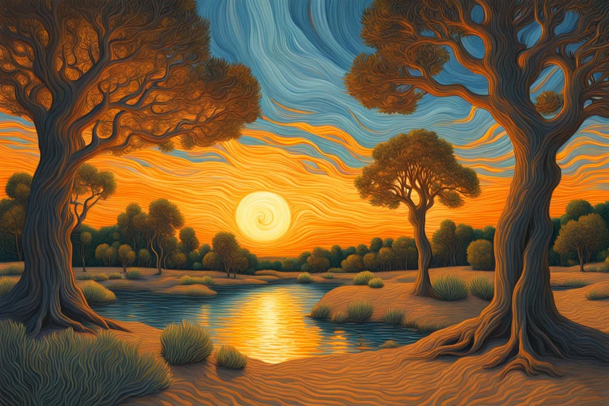 Great landscape, nature at sunset, Paradise Lost, spiritual, surreal, trees, fine art, tan skin, Vincent Van Gogh style, highly detailed, smooth, very sharp focus, illustration, bathing in light, ultra realistic illustration, close-up