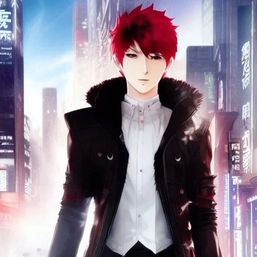 Detailed anime boy, crimson red hair, classic taper hairstyle, dante dmc5 hairstyle, wolf ears protruding out, white trench coat, intricate details, full body portrait, keep head in frame, slight smile, black Japanese motif, concept art, highly detailed, digital painting, concept art, sharp focus, illustration, art by Yoji Shinkawa, WLOP and greg rutkowski and alphonse mucha and artgerm and yanjun Chen and Junji ito and Makoto Shinkai, HDR, octane render, highly detailed