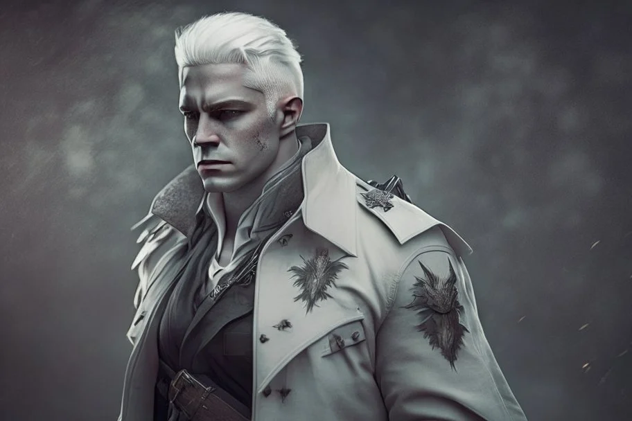 A white masculine human with white hair. A Lot of Battle Scars. Full body. Dark Military clothes. HD