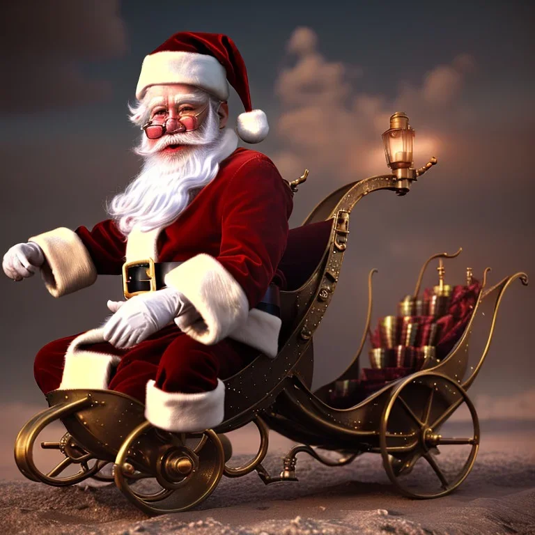 santa sitting in a steampunk sleigh, 4k, highly detailed, cinematic, ultra photorealistic, ultra realistic, volumetric lighting