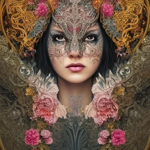 portrait,"Insanely detailed photograph of a beautiful Queen of the Dark Goddess,gorgeous clean face,intricate mask, highly intricate dress,intricately designed colorful flowers in hair,elegant, highly detailed hair, digital painting, artstation, concept art, smooth, sharp focus, illustration, art by artgerm and greg rutkowski and alphonse mucha, 8 k,looking downward,album cover art,fantasy